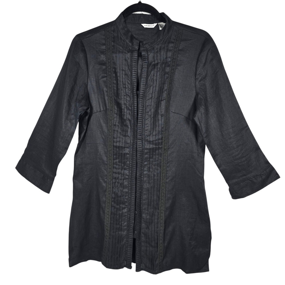 Vintage Malcolm & Co Black 100% Linen Pintuck Button Shirt Woman Mandarin Collar